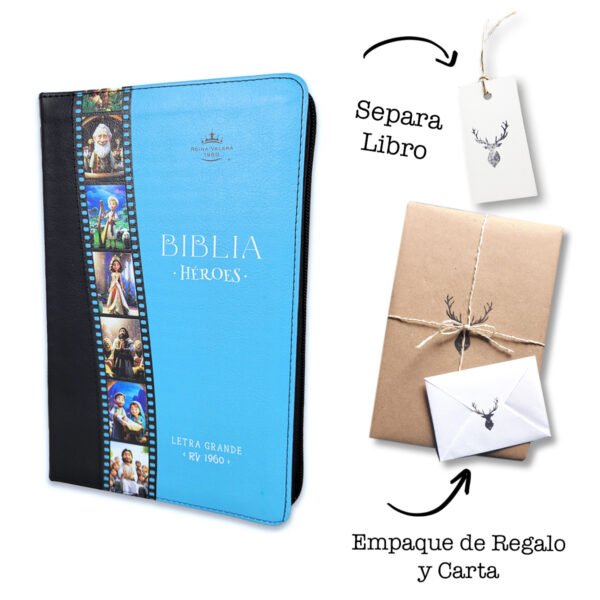 Biblia Letra Grande 12 puntos RVR 1960 Héroes Niño Piel Negro Azul con cierre