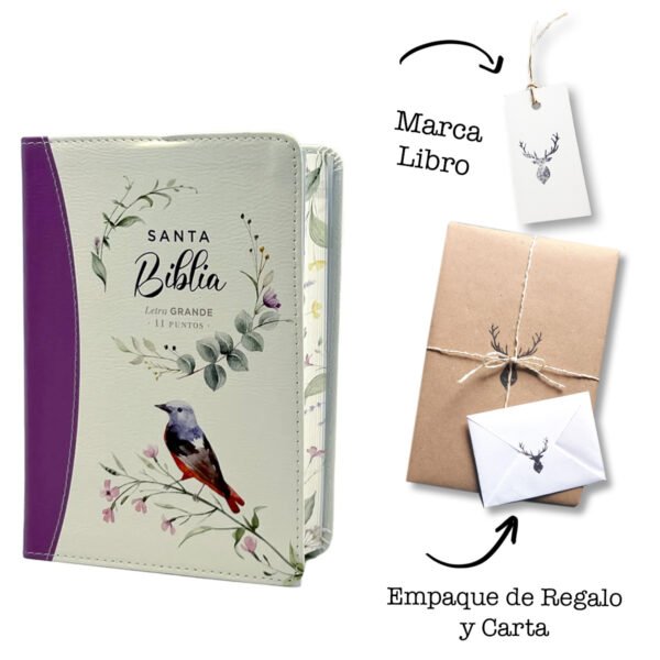 Biblia Reina Valera 1960 tamaño portátil Letra Grande 11 puntos Imitación Piel floral lila claro. Canto pintado. Colección Primaveral.
