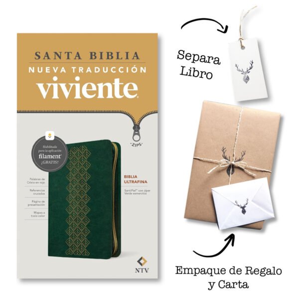 Biblia Ultrafina NTV de zíper con Filament SentiPiel Verde esmeralda Letra Roja