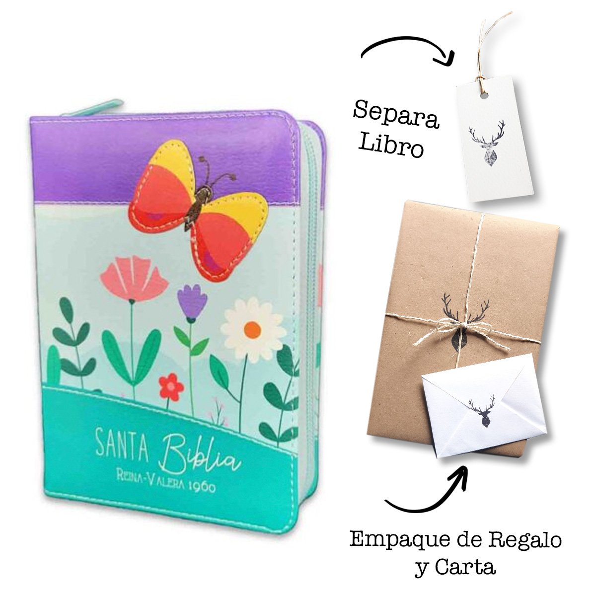 Biblia de Bolsillo con Cierre RV1960 imit piel turquesa mariposa Lila/Azul anto Plateado