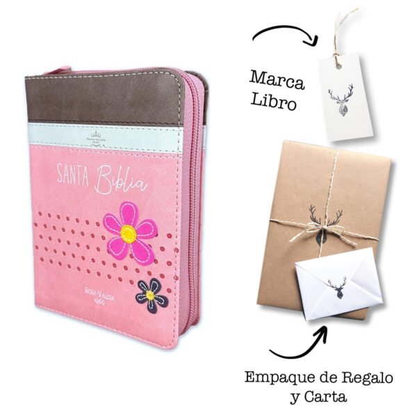 Biblia Reina Valera 1960 de bolsillo Imitación Piel Café/Beige/Rosa con flores Cierre