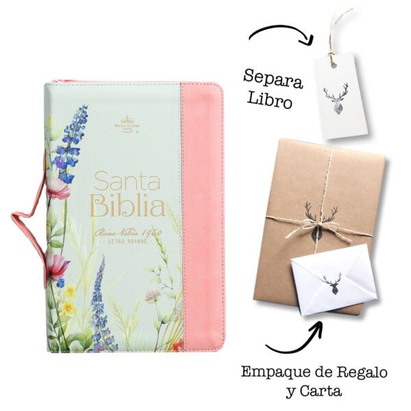 Biblia Letra Grande RVR 1960 Blanco Rosa Flores Zíper Pretty Coral Indice Cierre Manija