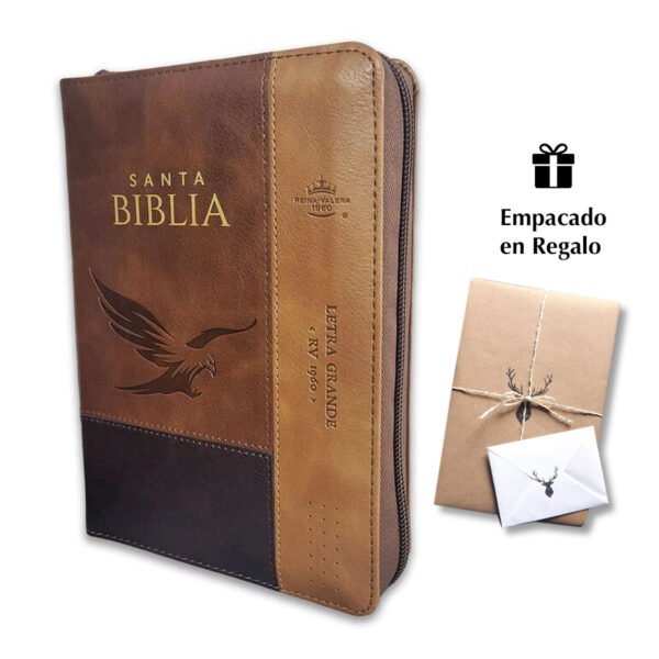 Biblia RVR60 Tamaño compacto Letra Grande 12 puntos i/piel tricolor café/café/café águila con cierre e índice