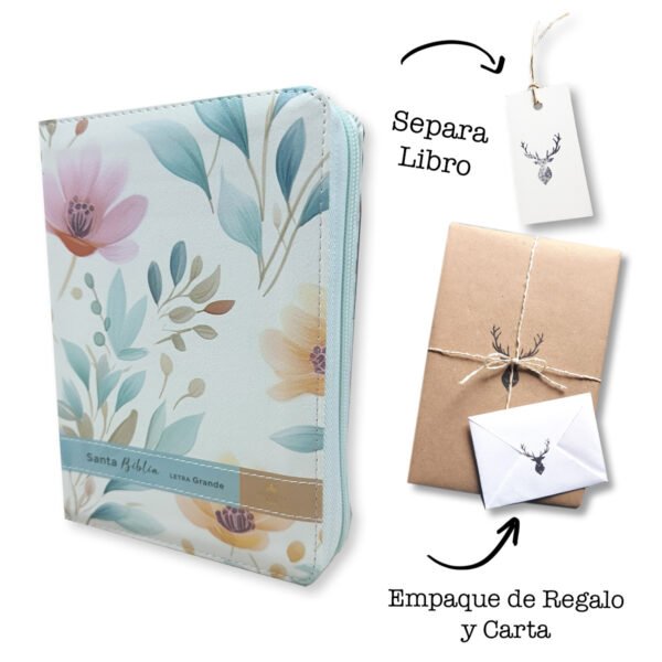 Biblia RVR Letra Grande 12 pts Portátil Flores Piel Cierre índice