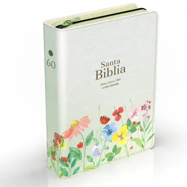 Biblia RVR 1960 Compacta Letra Grande 11 puntos Símil Piel Verde Claro Flores con Cierre y Índice