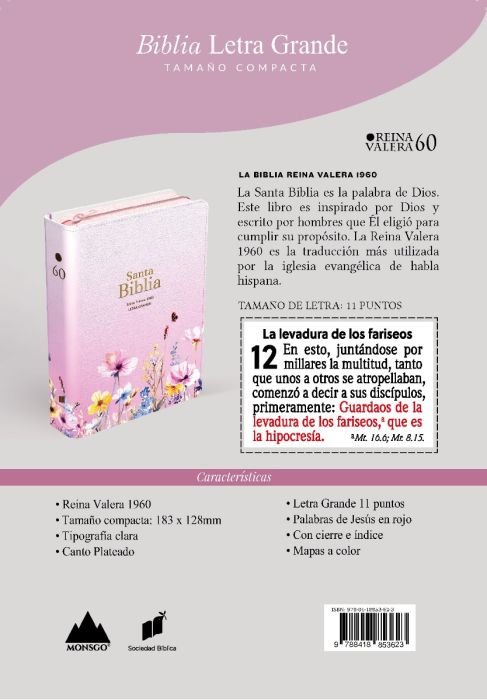Biblia RVR 1960 Compacta Letra Grande 11 puntos Símil Piel Rosa Flores con Cierre y Índice - Image 3