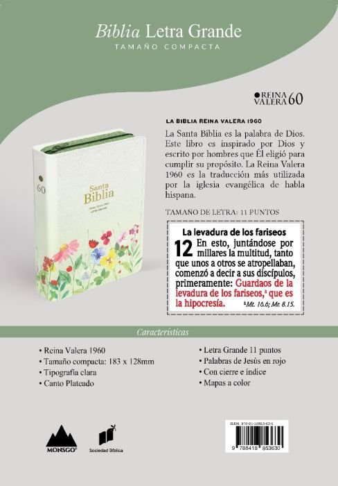 Biblia RVR 1960 Compacta Letra Grande 11 puntos Símil Piel Verde Claro Flores con Cierre y Índice - Image 3
