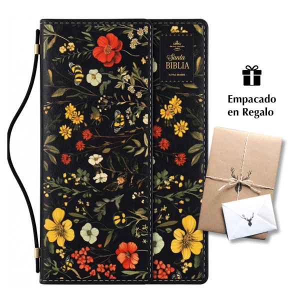 Biblia RVR60 Letra Grande 12 pts Flores Negro Manija Imán